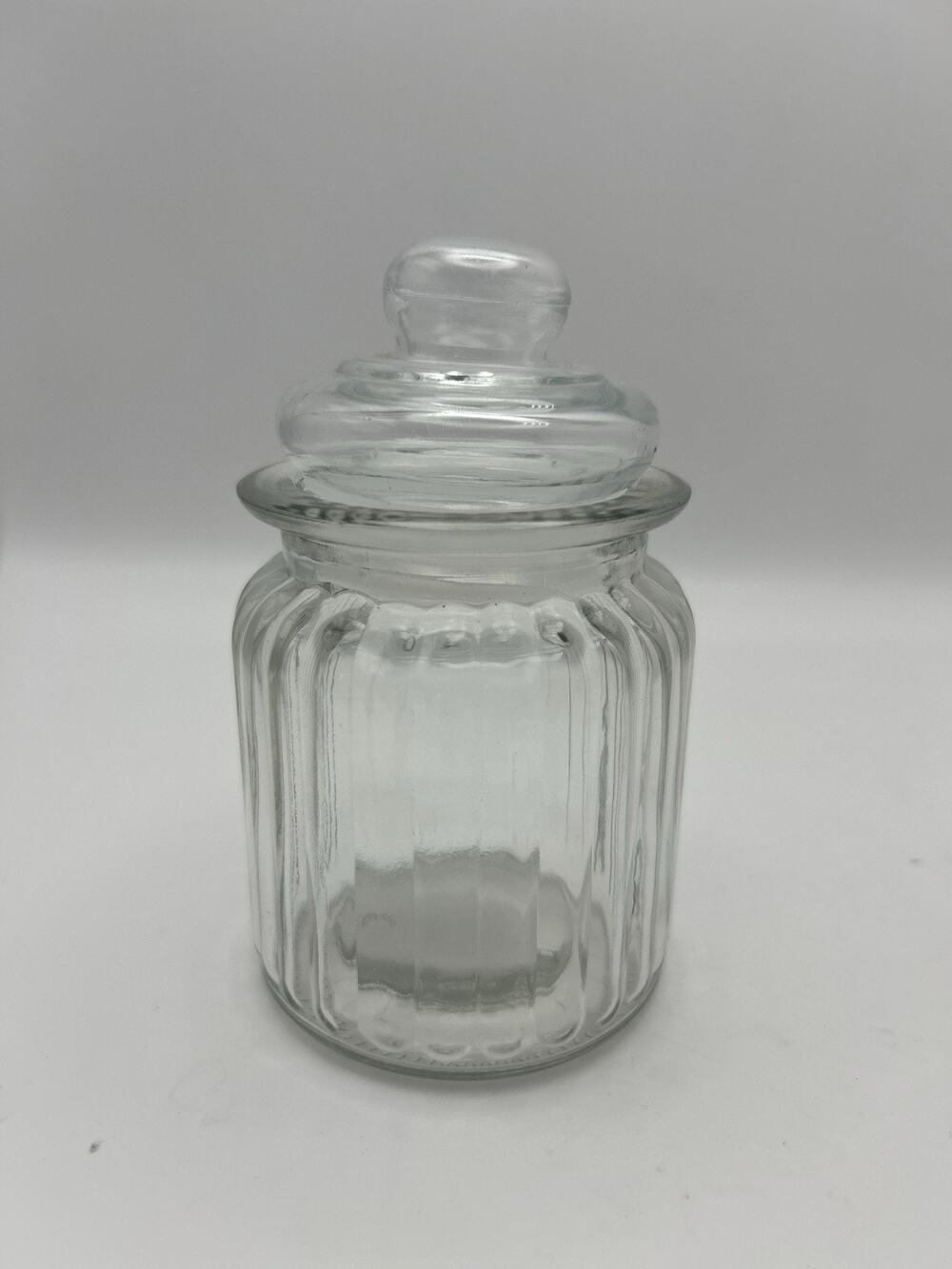 Vtg Ribbed Clear Glass Canister Jar W/ Lid 6” T